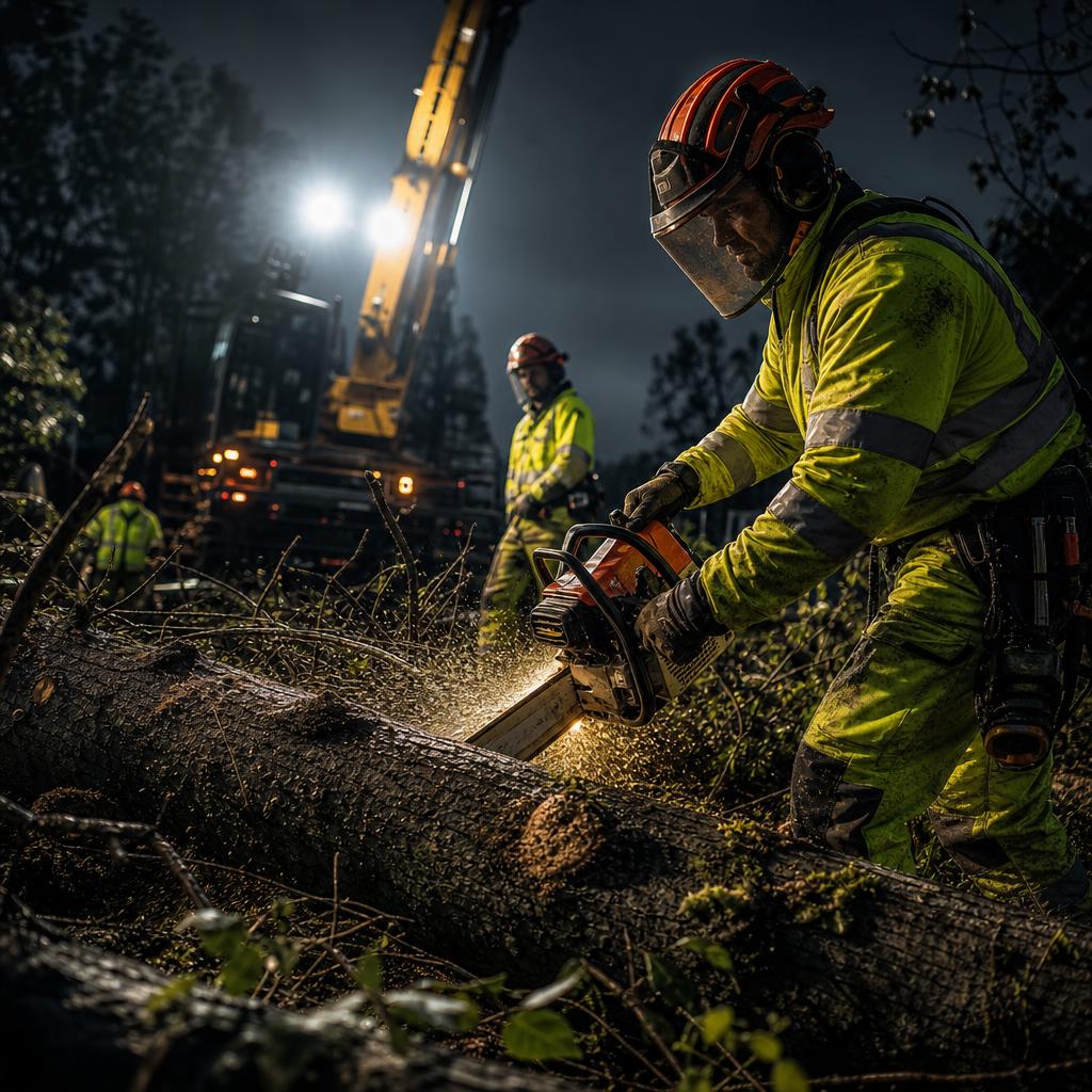 Workers clearing tree at night