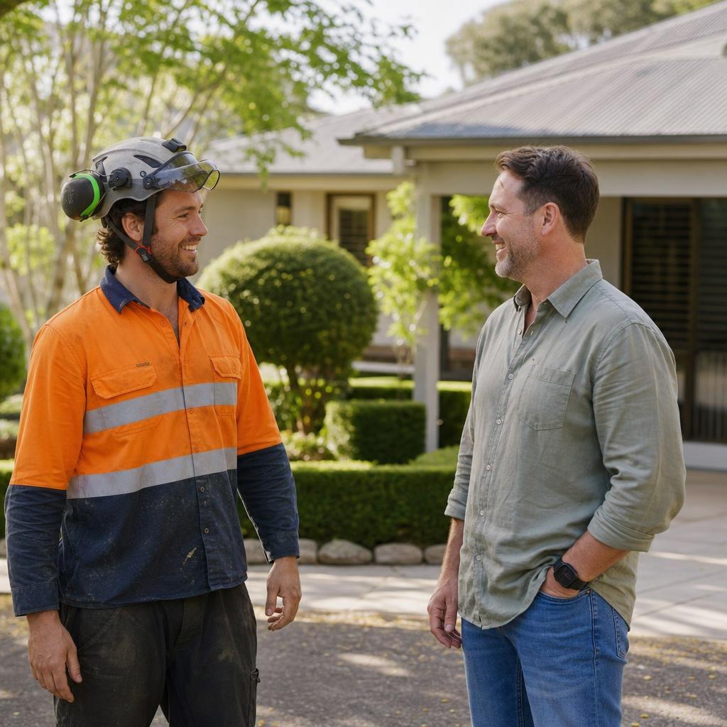 Arborist speaking with a happy homeowner after completing a tree removal