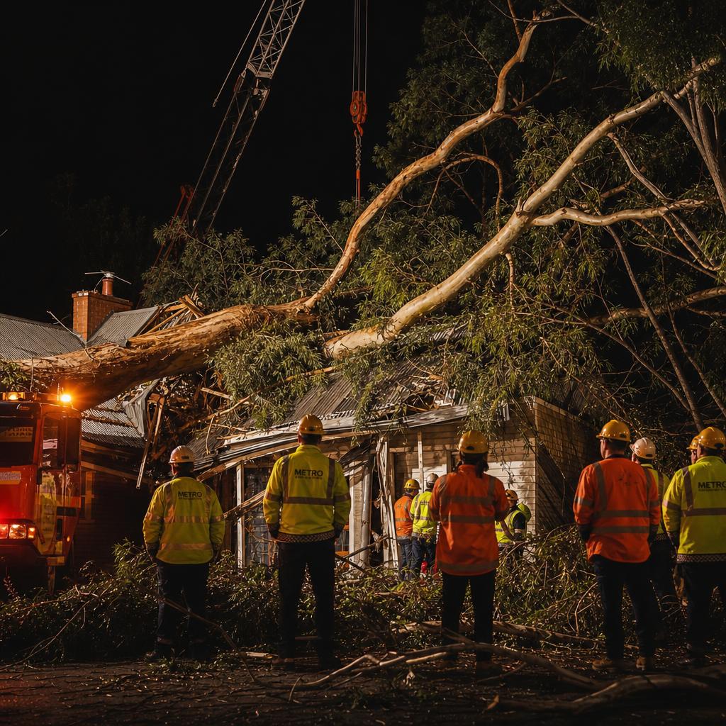 Emergency tree removal operation at night with crane and flashing lights