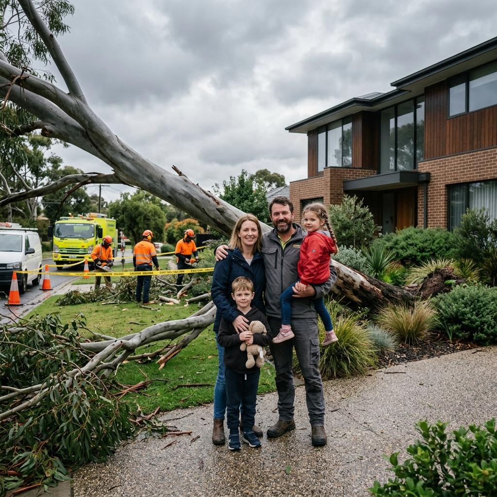 Relieved Australian family standing safely by their modern home as a professional tree crew clears a large fallen tree